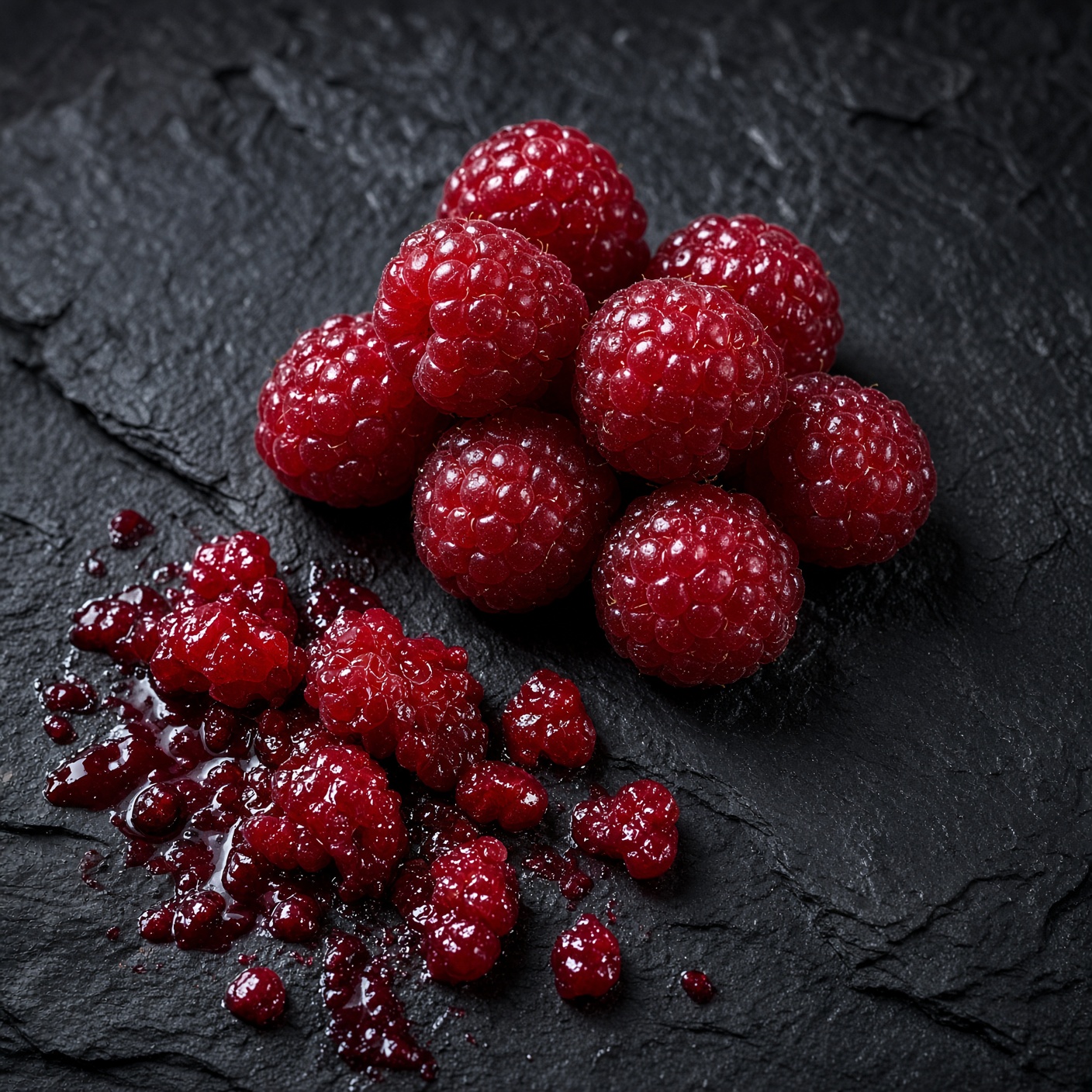 Reife Himbeeren auf dunklem Schiefer