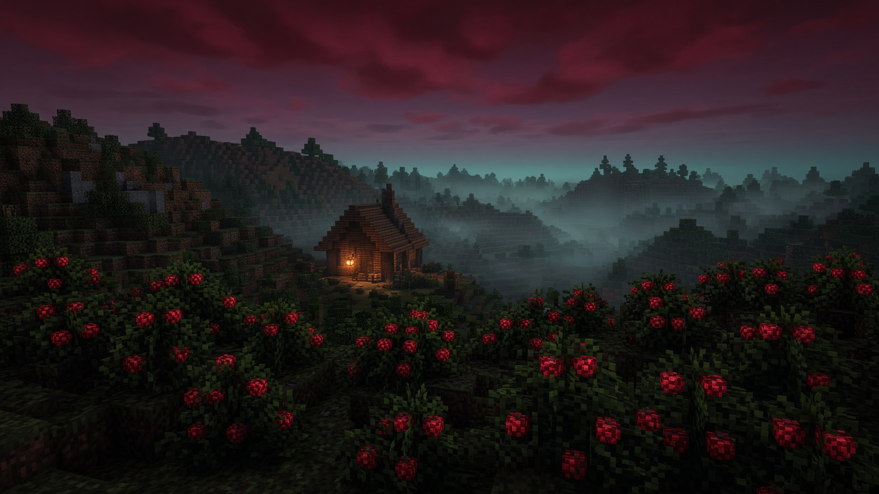 Dämmerlicht über einem Tal aus Beeren, Stein und einer beleuchteten Hütte